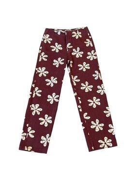 Floral Print Straight Leg Pants - Burgundy & Cream